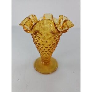 Fenton Amber Vase-Small Hobnail Fluted Ruffle 4 inches